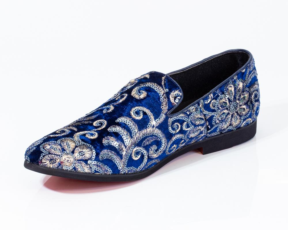 Premium blue and golden floral pattern loafers for men, showcasing a stylish design and comfortable fit.