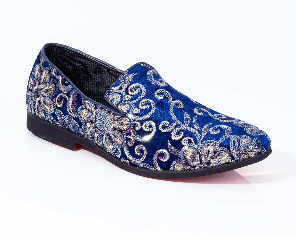 Premium blue and golden floral pattern loafers for men, showcasing a stylish design and comfortable fit.
