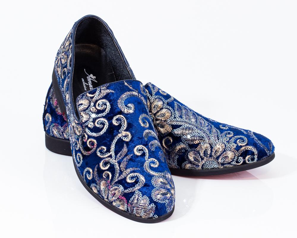 Premium blue and golden floral pattern loafers for men, showcasing a stylish design and comfortable fit.
