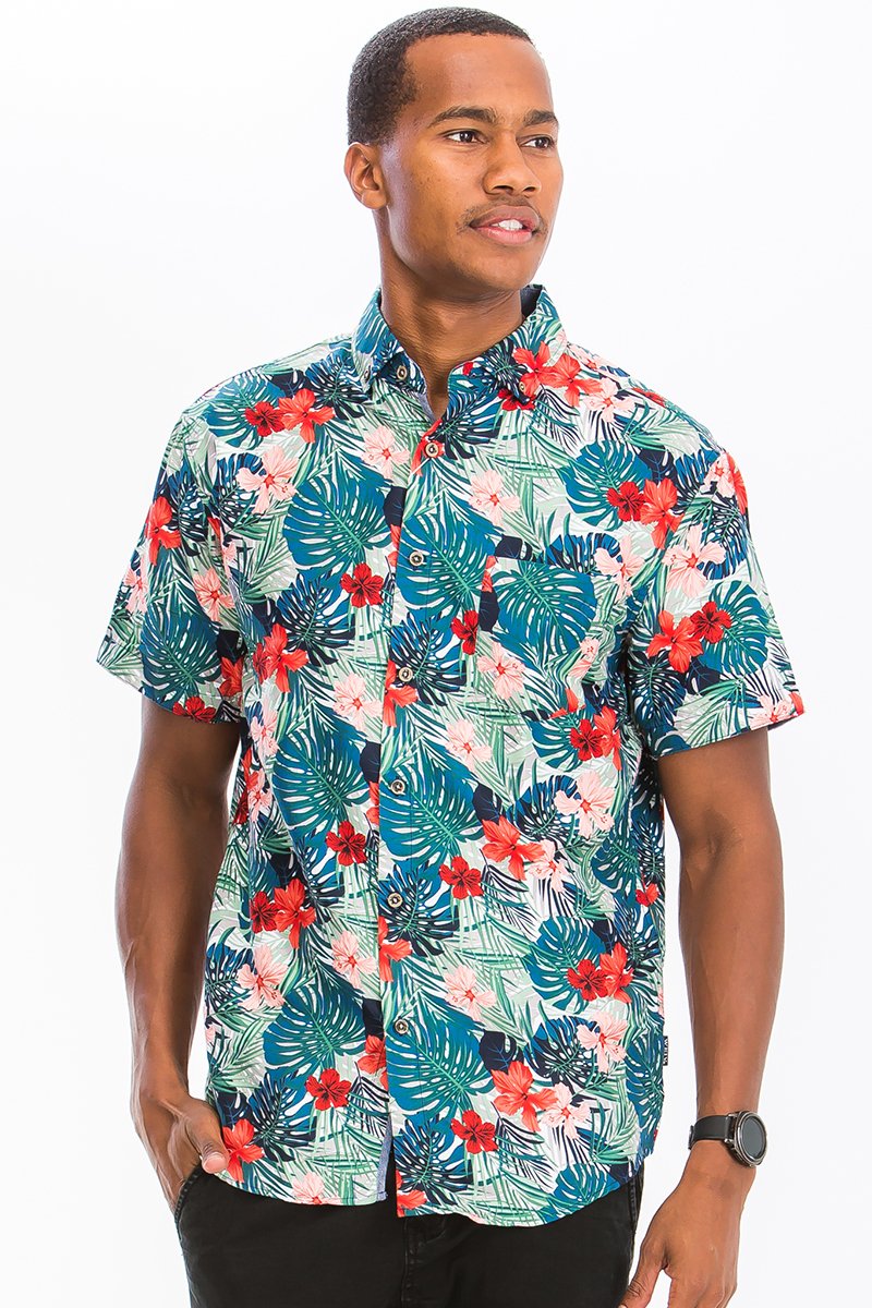 A stylish Print Button Down Shirt made of 100% polyester, featuring a button closure and chest pocket, displayed on a mannequin.