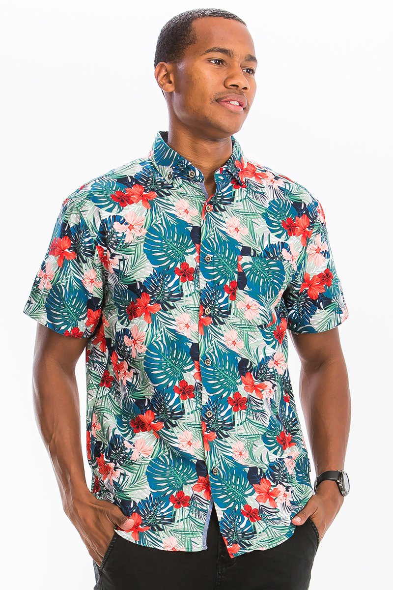A stylish Print Button Down Shirt made of 100% polyester, featuring a button closure and chest pocket, displayed on a mannequin.