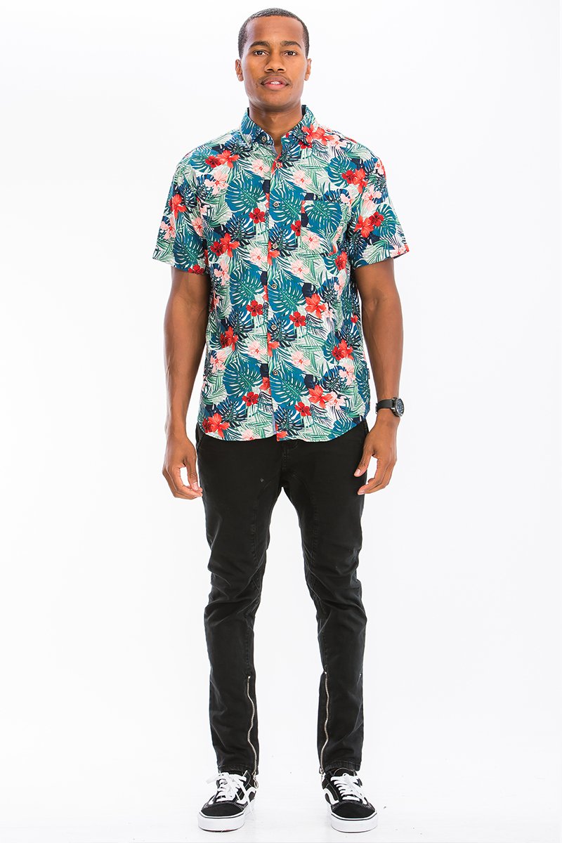 A stylish Print Button Down Shirt made of 100% polyester, featuring a button closure and chest pocket, displayed on a mannequin.
