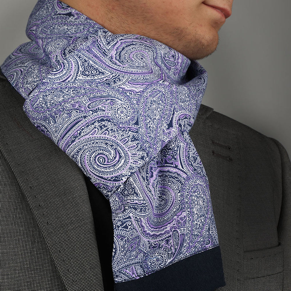 Purple Blue White Paisley Mens Silk Scarf displayed elegantly, showcasing its luxurious silk and suede material.