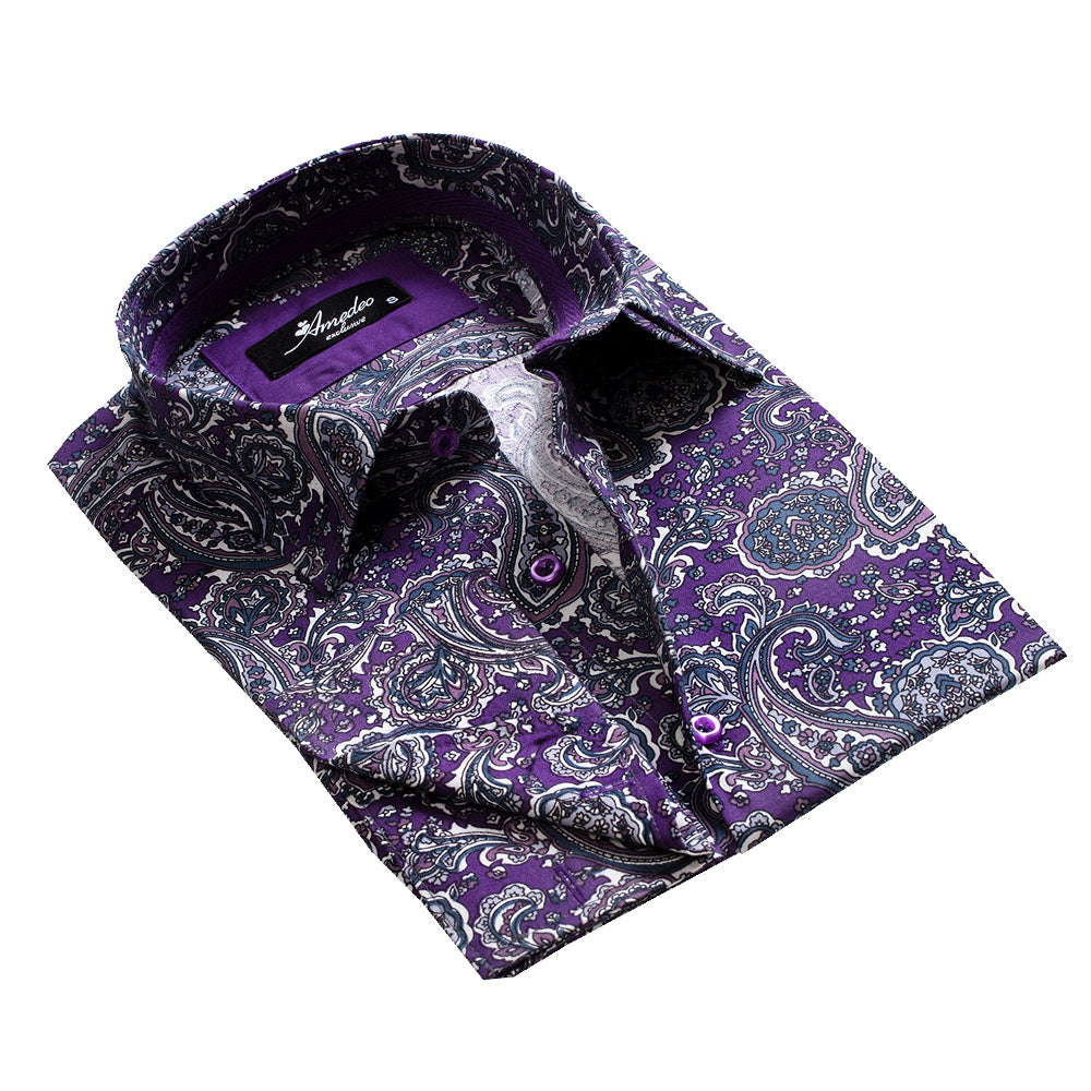 Purple paisley design men's slim fit French cuff shirt with cufflinks, showcasing a modern and stylish look.