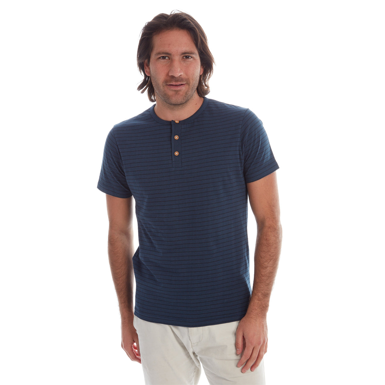 Rafael Striped Henley featuring navy yarn dye stripes and three-button placket, made from 98% cotton and 2% polyester.