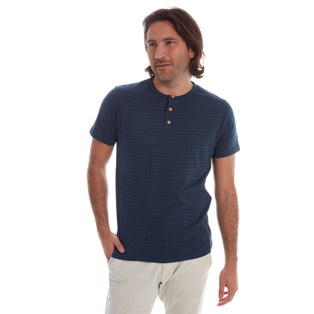 Rafael Striped Henley featuring navy yarn dye stripes and three-button placket, made from 98% cotton and 2% polyester.