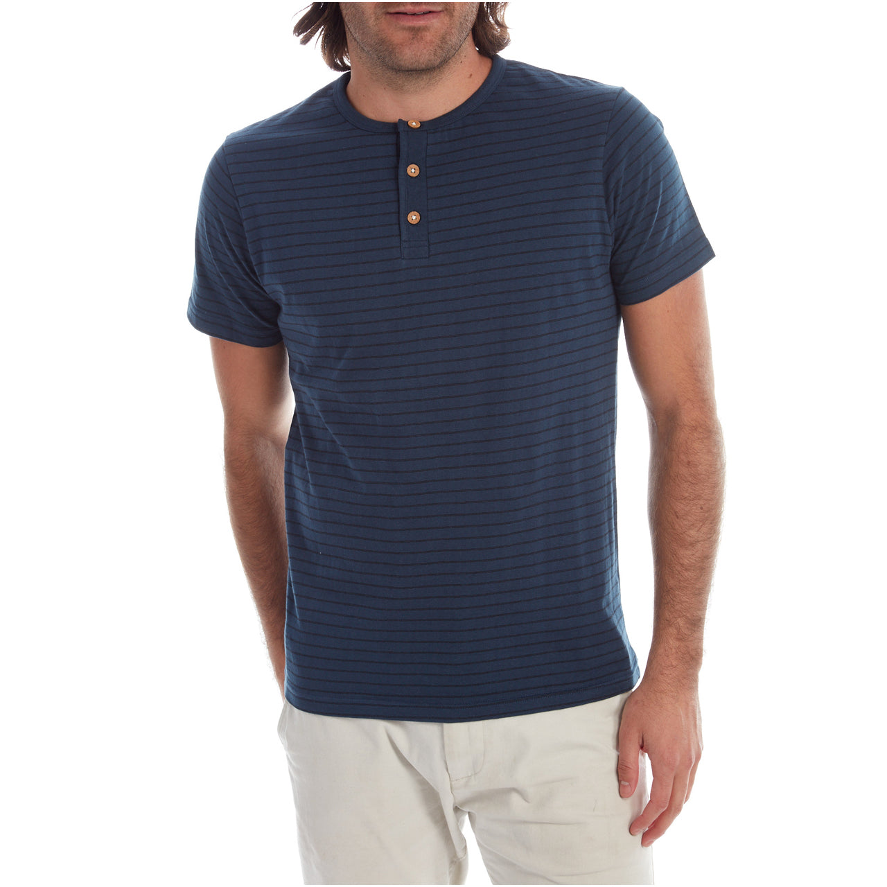 Rafael Striped Henley featuring navy yarn dye stripes and three-button placket, made from 98% cotton and 2% polyester.
