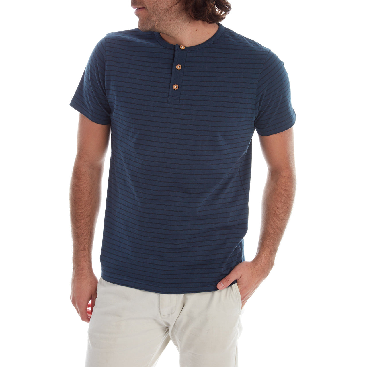 Rafael Striped Henley featuring navy yarn dye stripes and three-button placket, made from 98% cotton and 2% polyester.