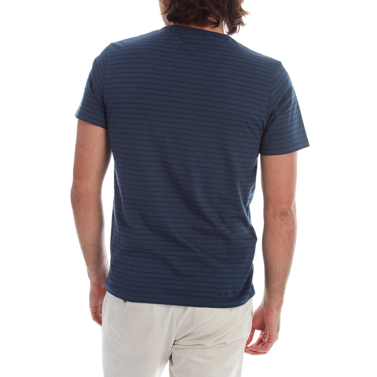 Rafael Striped Henley featuring navy yarn dye stripes and three-button placket, made from 98% cotton and 2% polyester.