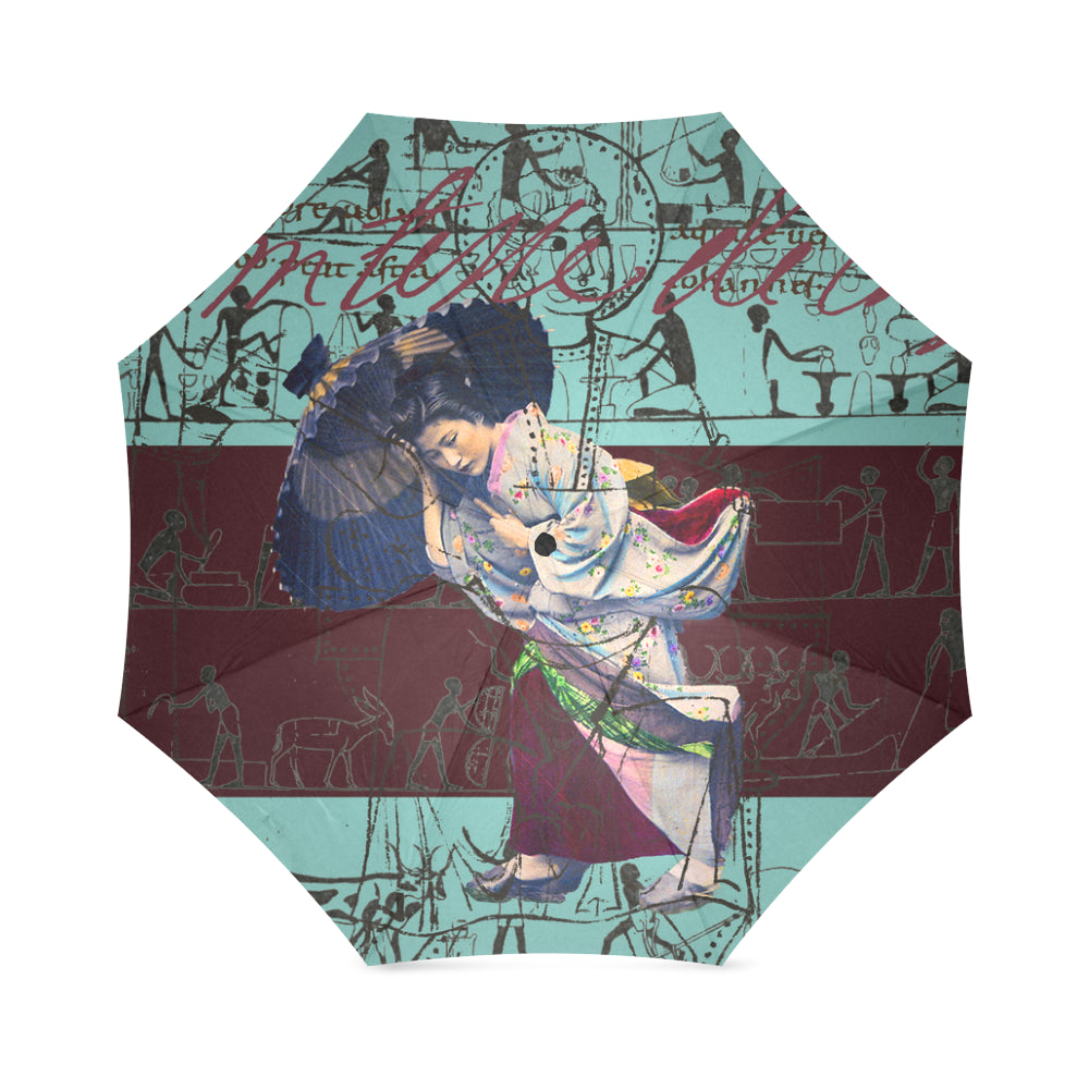 A vibrant RAIN Foldable Umbrella showcasing colorful prints, made from waterproof polyester fabric, perfect for rainy days.