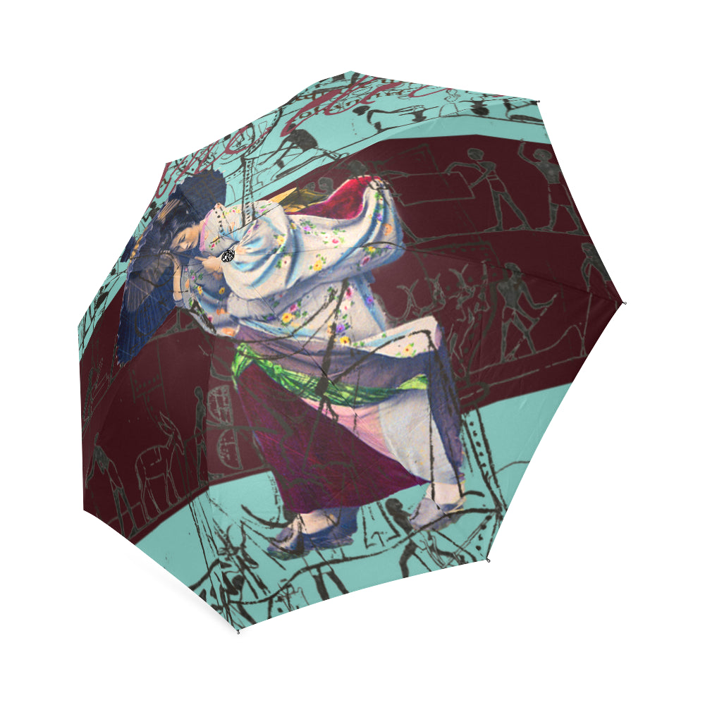 A vibrant RAIN Foldable Umbrella showcasing colorful prints, made from waterproof polyester fabric, perfect for rainy days.