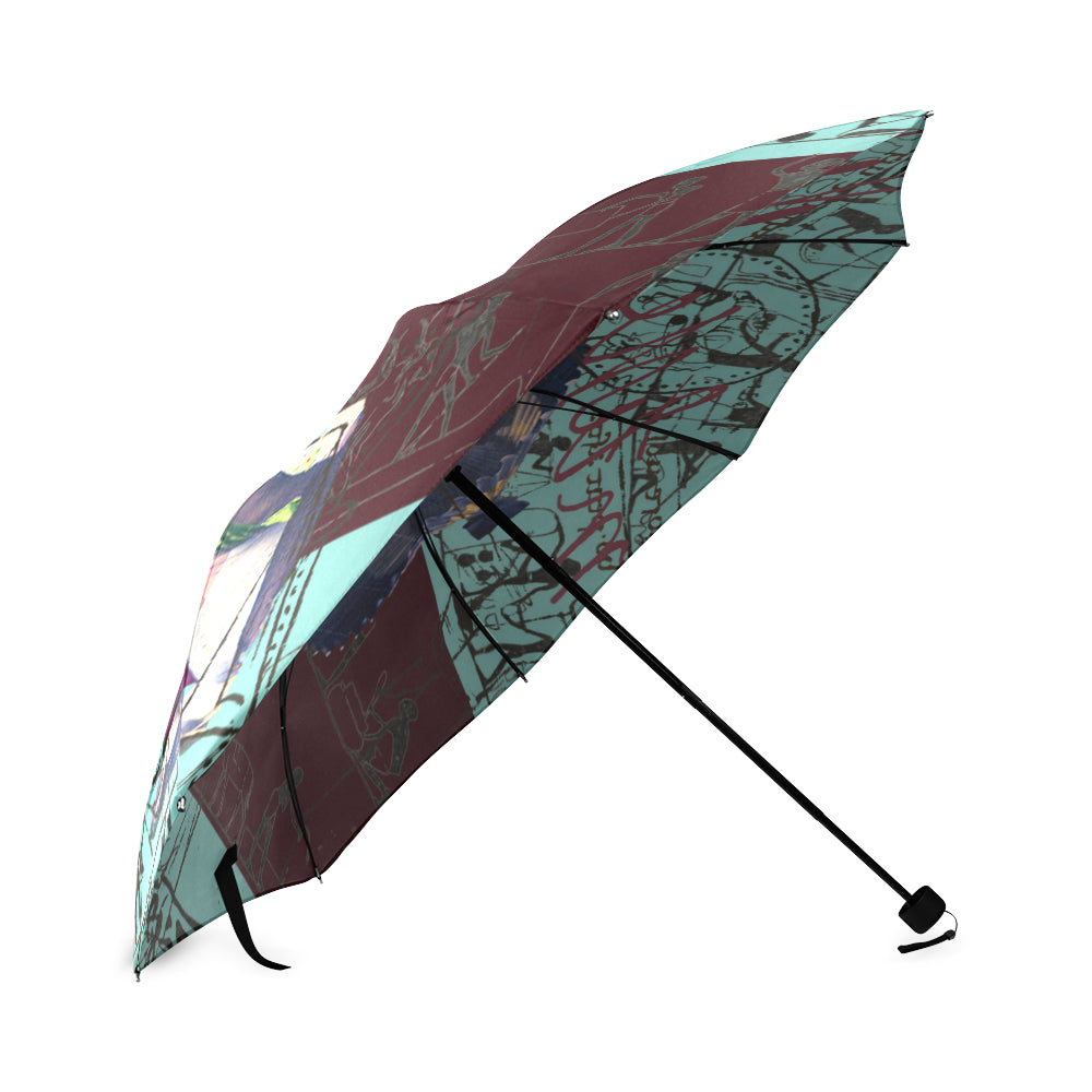 A vibrant RAIN Foldable Umbrella showcasing colorful prints, made from waterproof polyester fabric, perfect for rainy days.