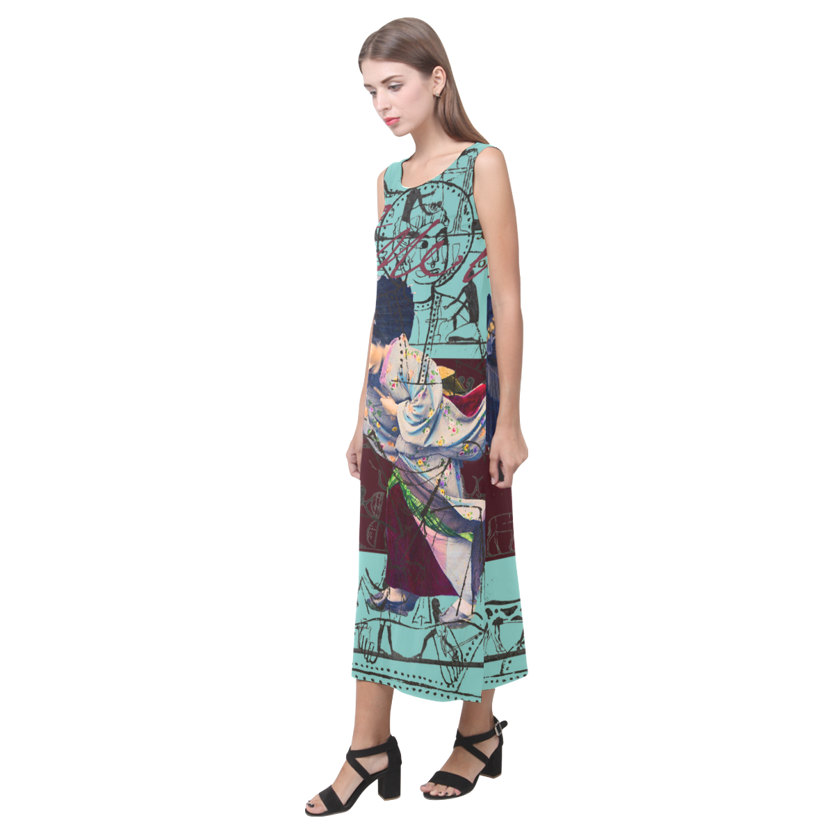 A vibrant RAIN Sleeveless Dress featuring a classic fit and colorful collage design, perfect for summer wear.