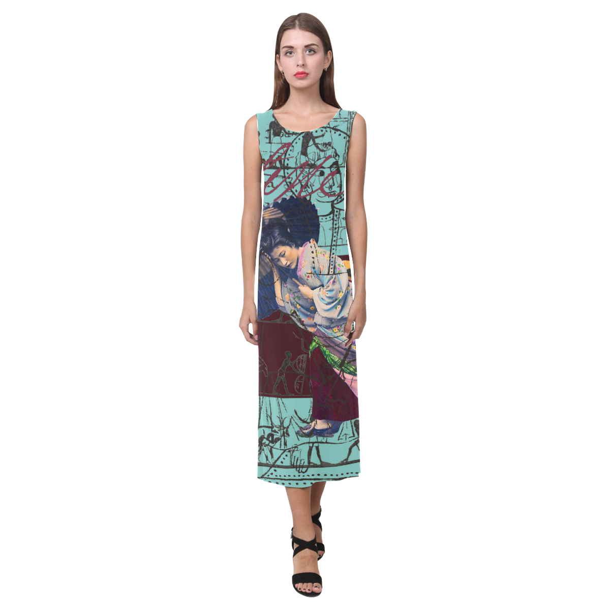A vibrant RAIN Sleeveless Dress featuring a classic fit and colorful collage design, perfect for summer wear.