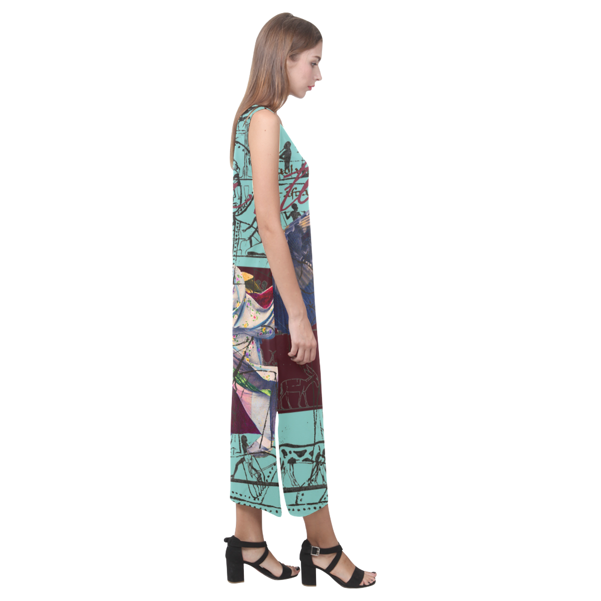 A vibrant RAIN Sleeveless Dress featuring a classic fit and colorful collage design, perfect for summer wear.