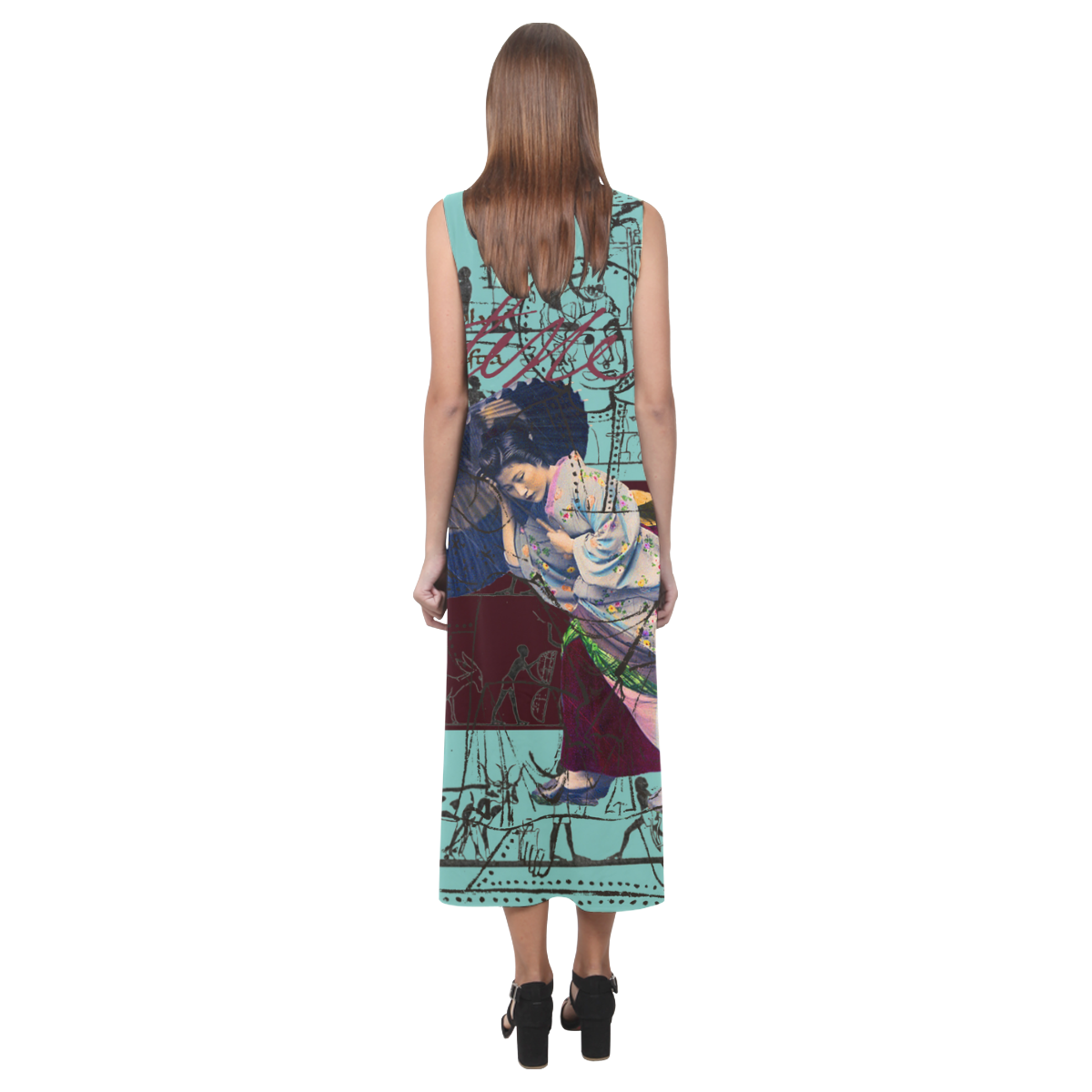 A vibrant RAIN Sleeveless Dress featuring a classic fit and colorful collage design, perfect for summer wear.