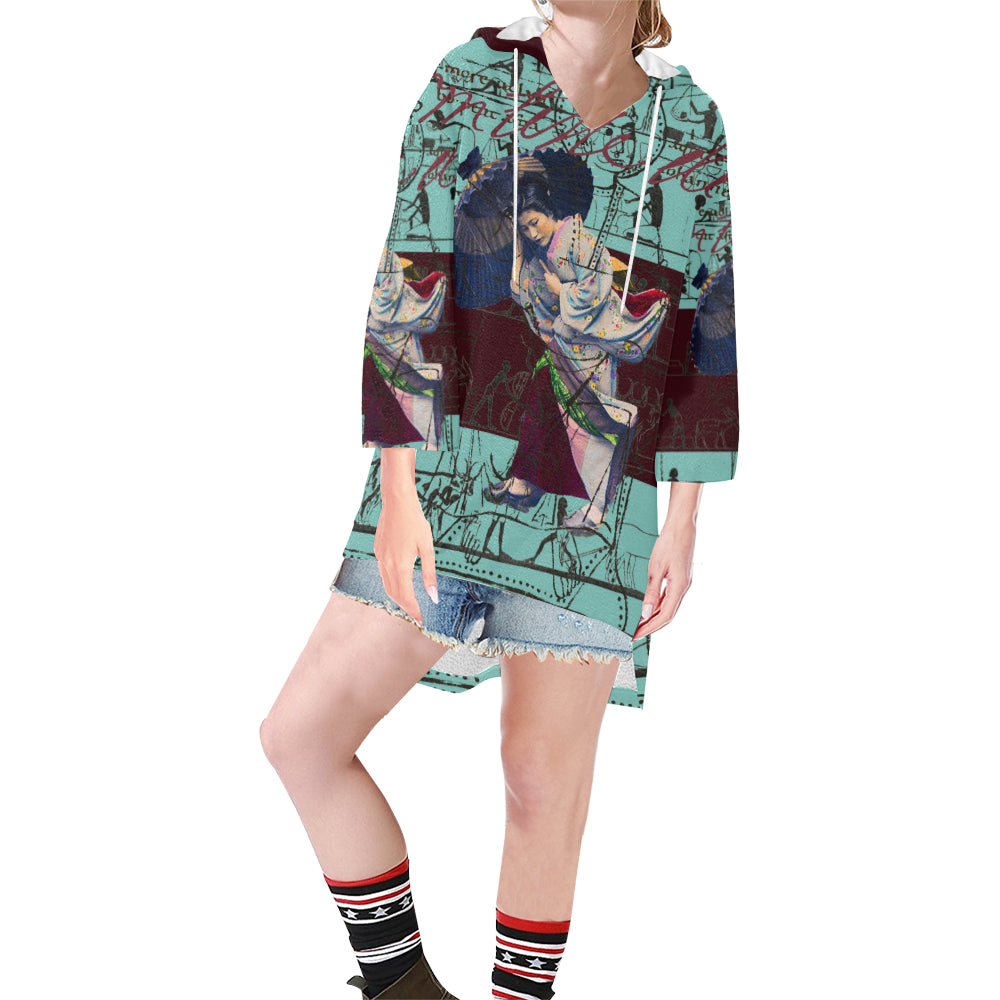 A stylish RAIN Unisex Step Hem Tunic Hoodie featuring a drawstring hood, v-neckline, and vibrant collage prints in an oversized silhouette.