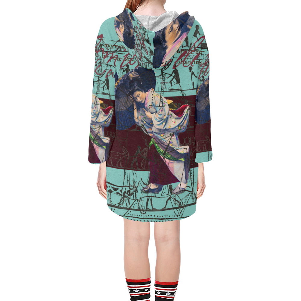 A stylish RAIN Unisex Step Hem Tunic Hoodie featuring a drawstring hood, v-neckline, and vibrant collage prints in an oversized silhouette.