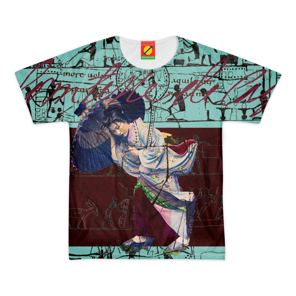 RAIN Women's All Over Print Tee featuring vibrant colors and a classic round neck design, made from 100% cotton.