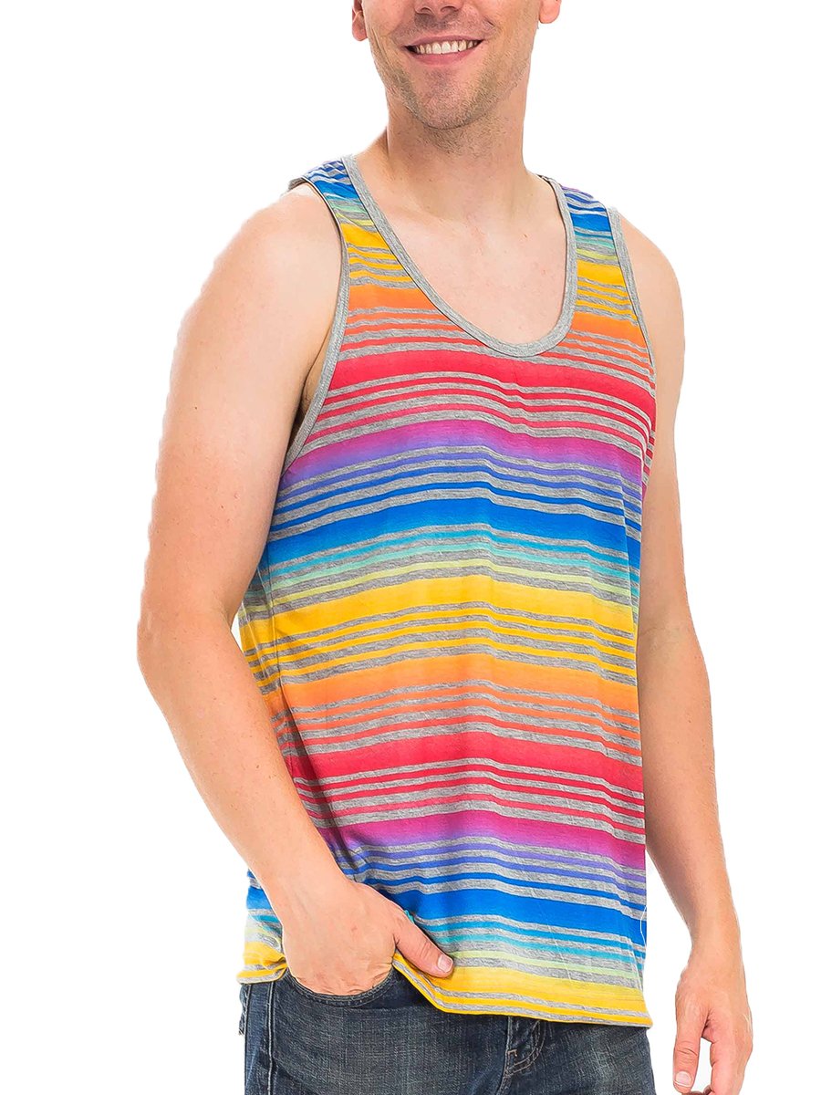 A colorful rainbow tank top displayed on a mannequin, showcasing its vibrant hues and soft fabric blend.