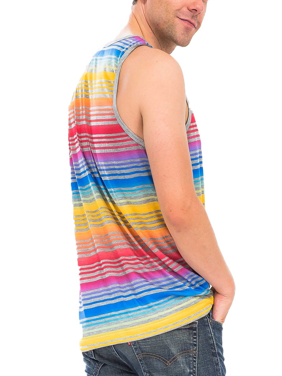 A colorful rainbow tank top displayed on a mannequin, showcasing its vibrant hues and soft fabric blend.
