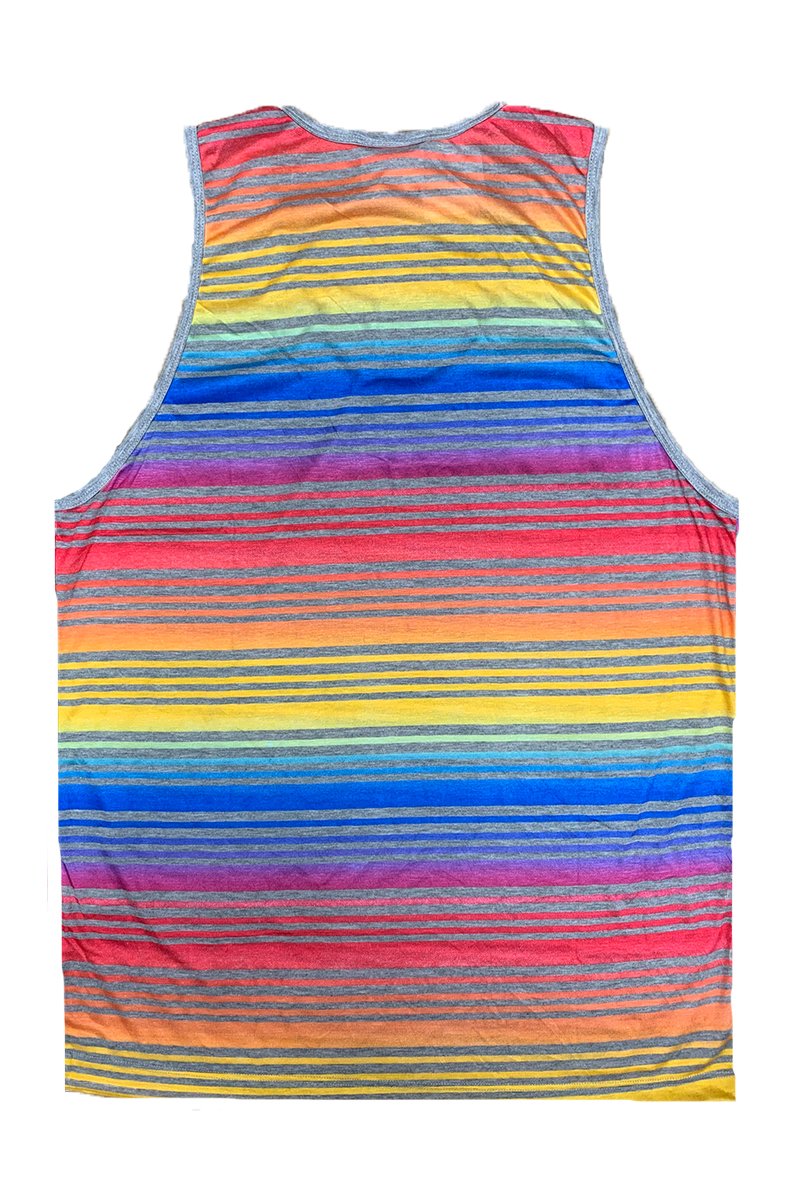 A colorful rainbow tank top displayed on a mannequin, showcasing its vibrant hues and soft fabric blend.