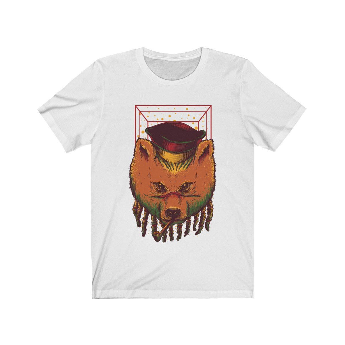 Rasta Bear illustrational design on a unisex t-shirt, showcasing vibrant colors and soft cotton fabric.