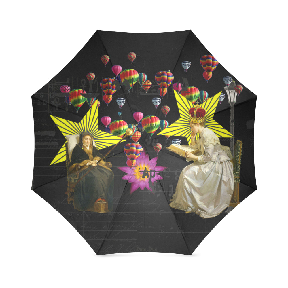 A vibrant READING THE ANCIENT BOOK II Foldable Umbrella showcasing colorful prints, designed for style and durability.