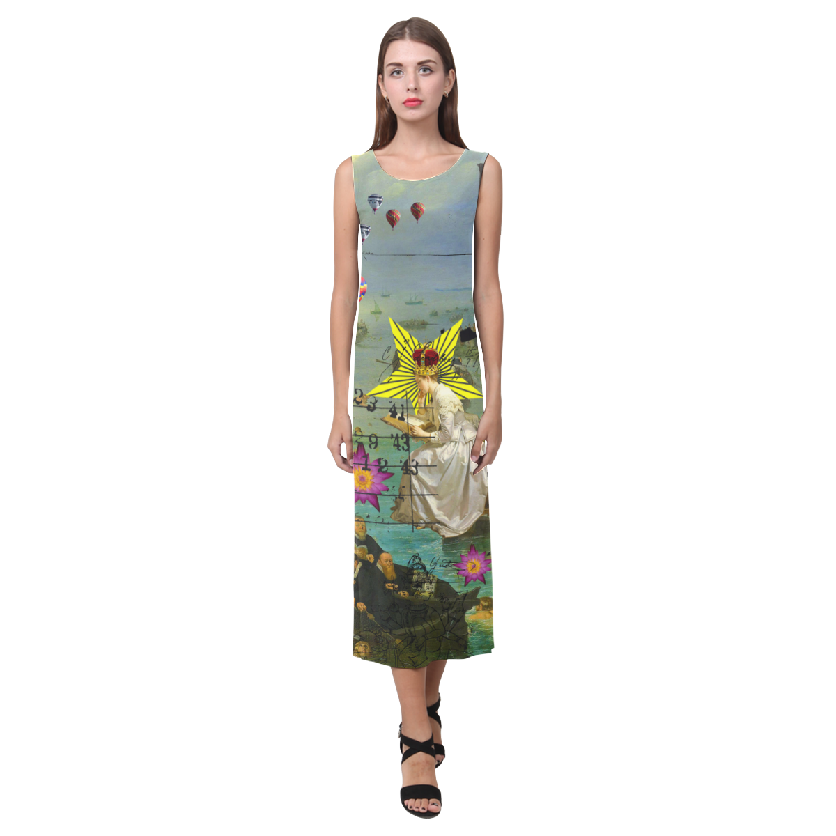 A vibrant sleeveless dress featuring colorful artistic prints, perfect for summer wear.