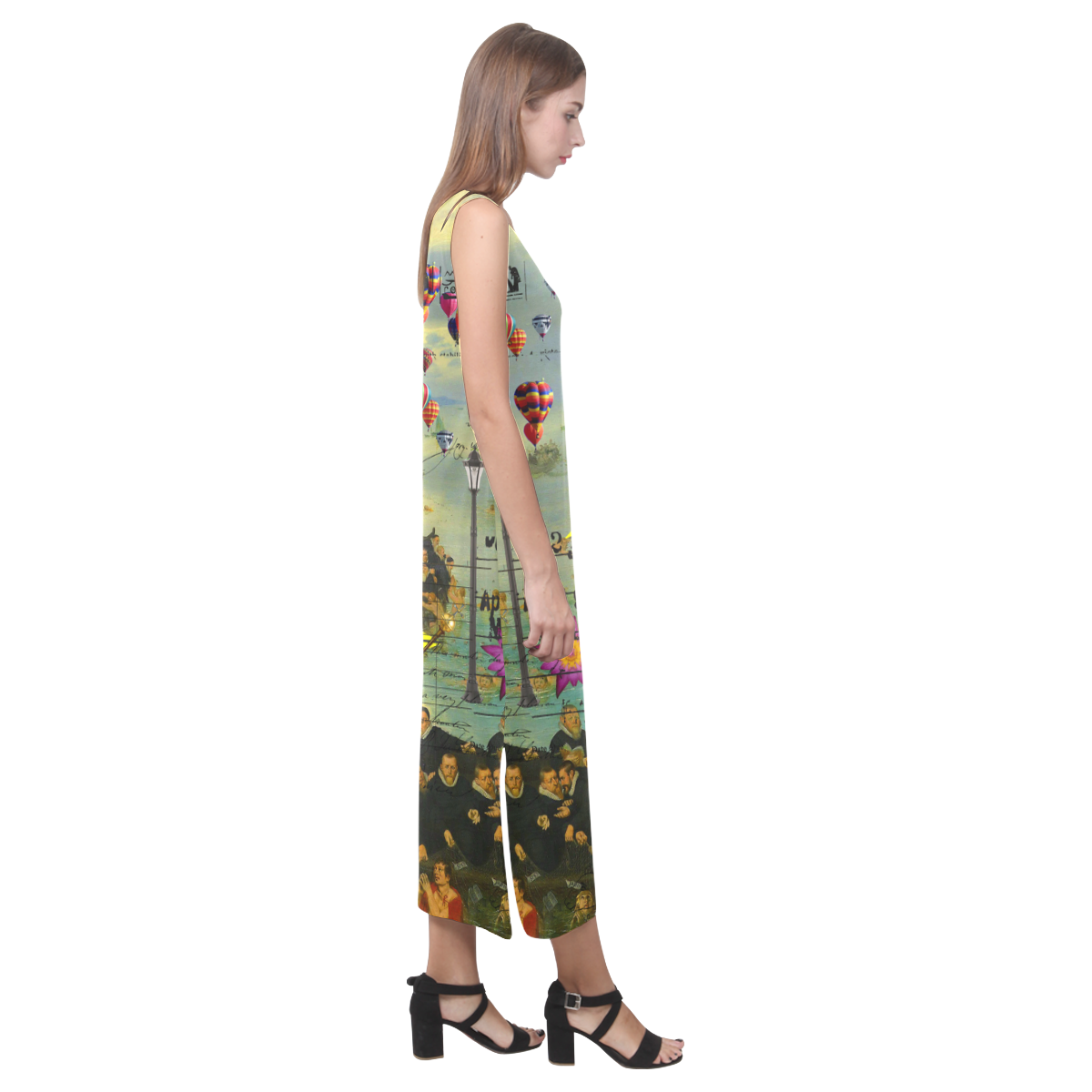 A vibrant sleeveless dress featuring colorful artistic prints, perfect for summer wear.