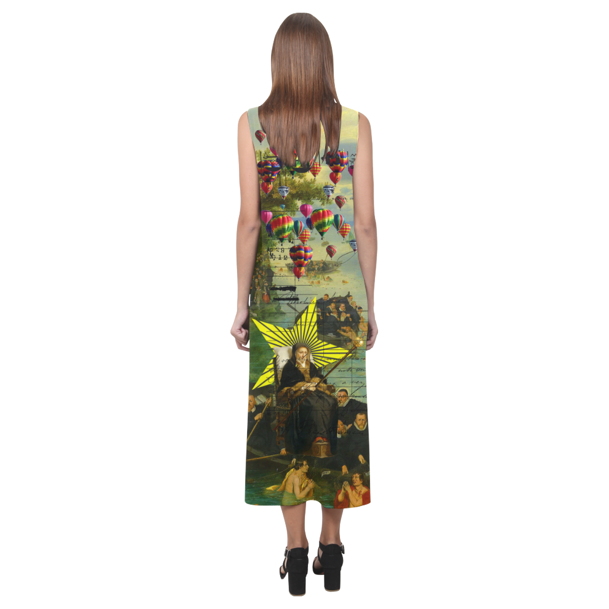 A vibrant sleeveless dress featuring colorful artistic prints, perfect for summer wear.
