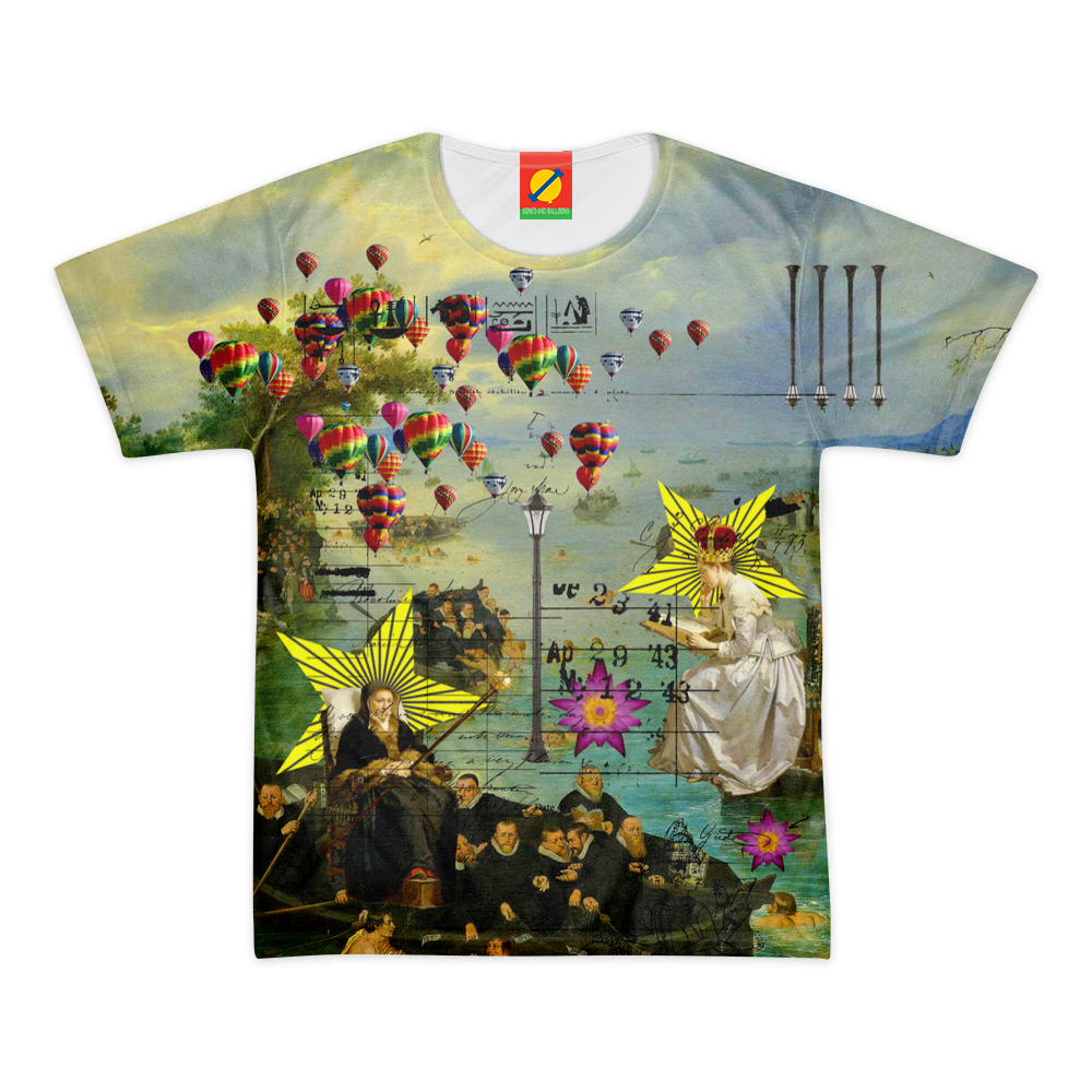 Women's all over print tee featuring vibrant colors and a classic round neck design, made from 100% cotton for comfort.