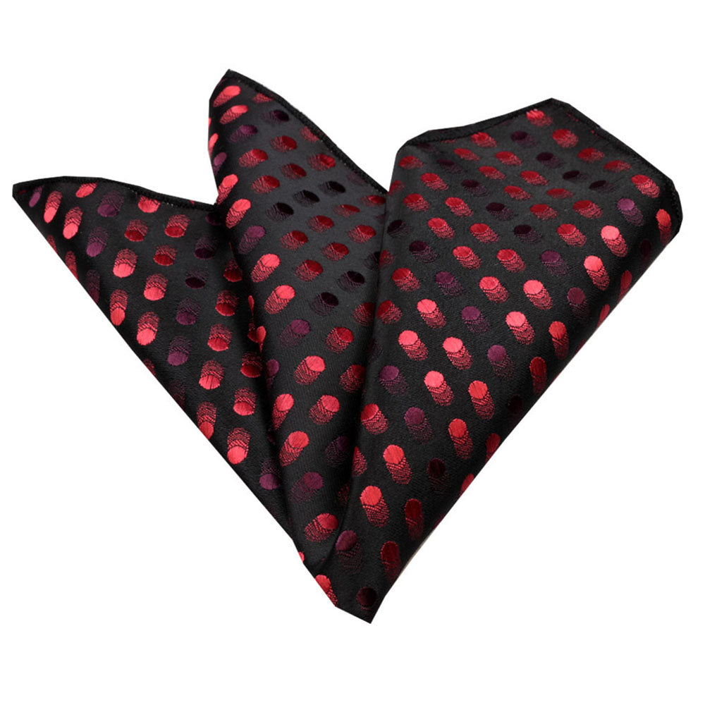 Red and black mens pocket square made of premium silk, elegantly folded and displayed in a protective bag.