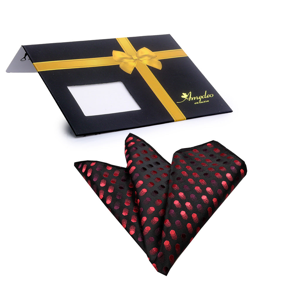 Red and black mens pocket square made of premium silk, elegantly folded and displayed in a protective bag.
