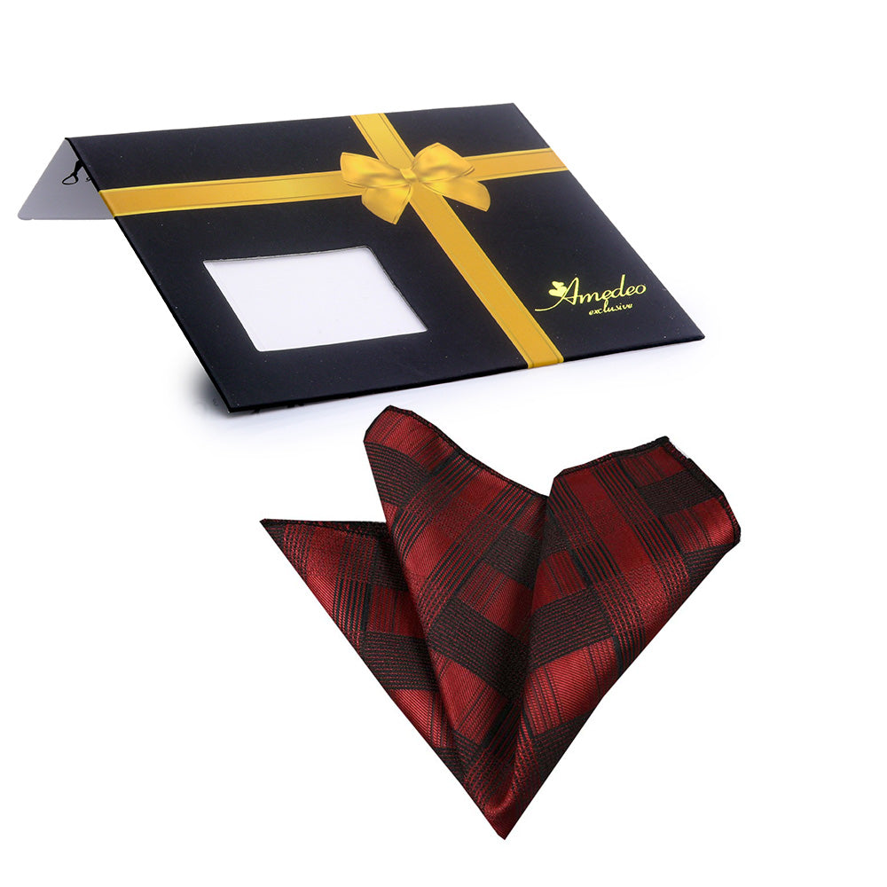 Red Check Mens Pocket Square made from premium jacquard woven silk, showcasing a classic design suitable for formal and casual wear.