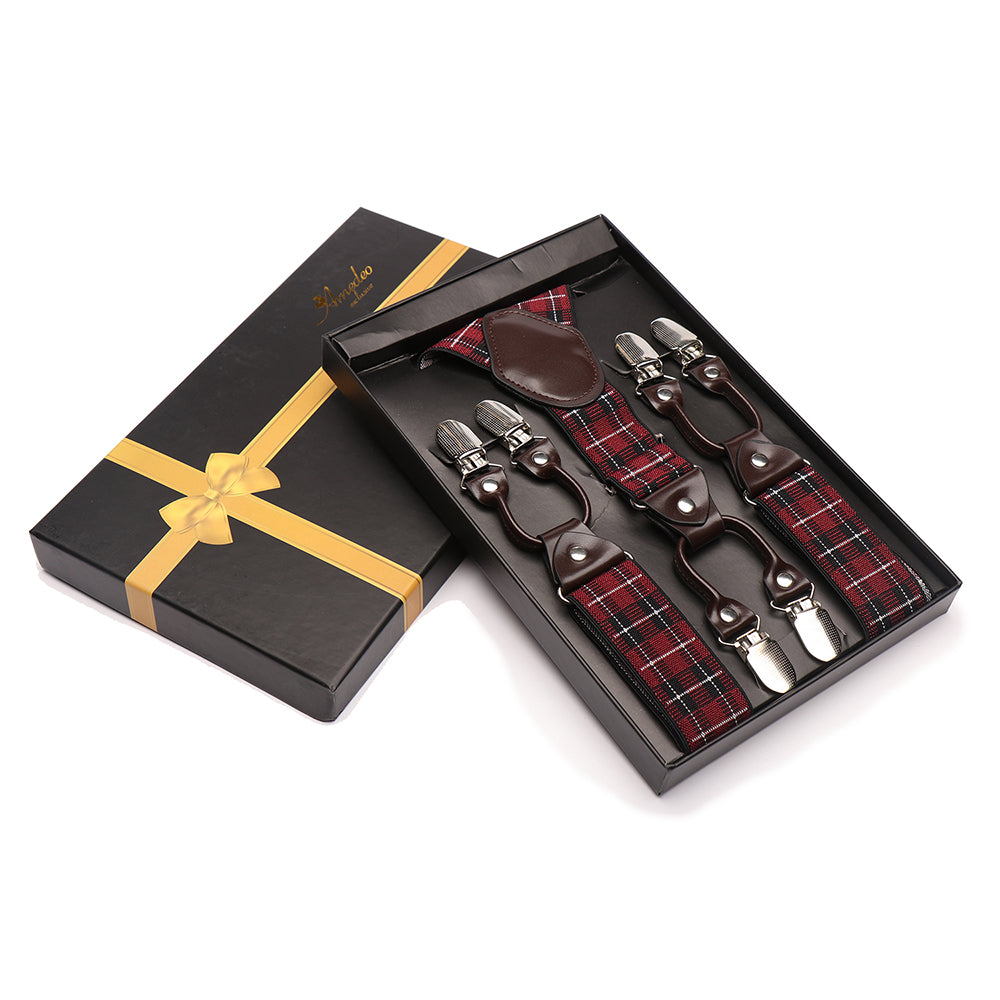 A pair of burgundy check strap dual clip-on elastic suspenders for men, featuring adjustable Y-back design and metal clips, elegantly displayed in a gift box.