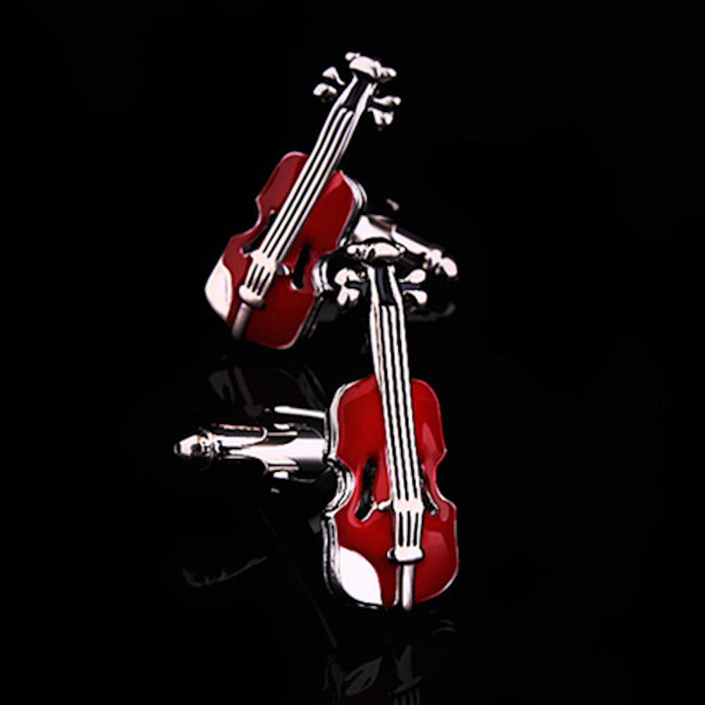 Red Mens Stainless Steel Guitars Cufflinks displayed in an elegant gift box, showcasing their unique design and craftsmanship.