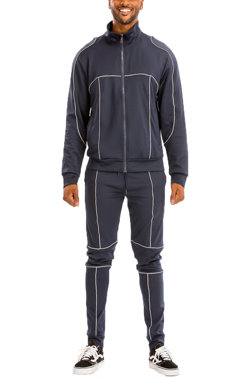 Reflective Piping Detailed Track Suit featuring a full zip jacket, elastic waist, and standard pockets, made from polyester and spandex.