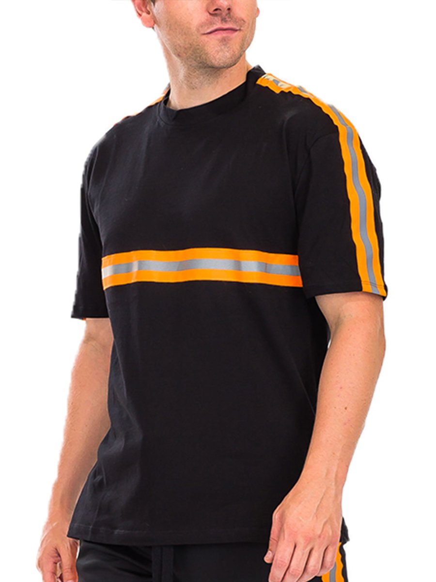 A stylish reflective tape t-shirt featuring reflective strips across the chest and shoulders, made from a comfortable polyester and spandex blend.