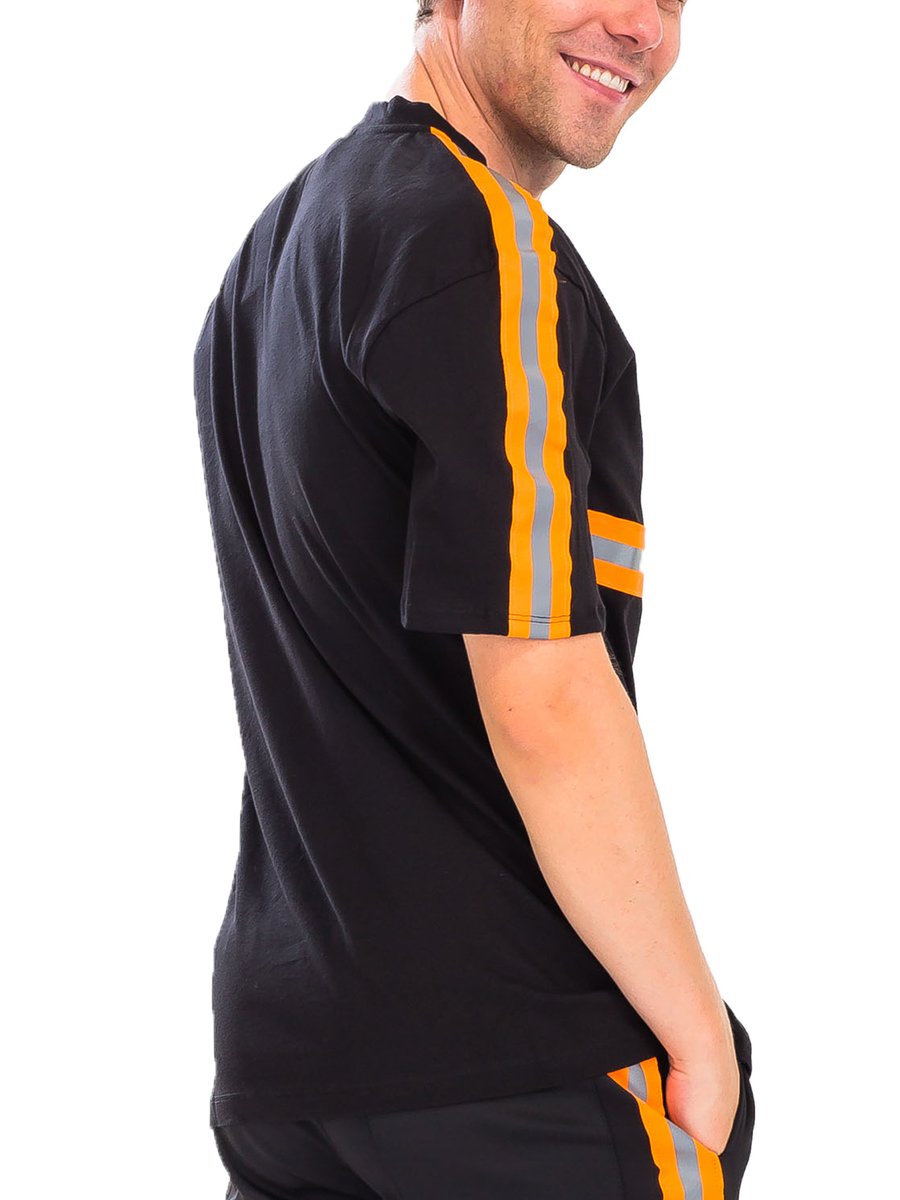 A stylish reflective tape t-shirt featuring reflective strips across the chest and shoulders, made from a comfortable polyester and spandex blend.
