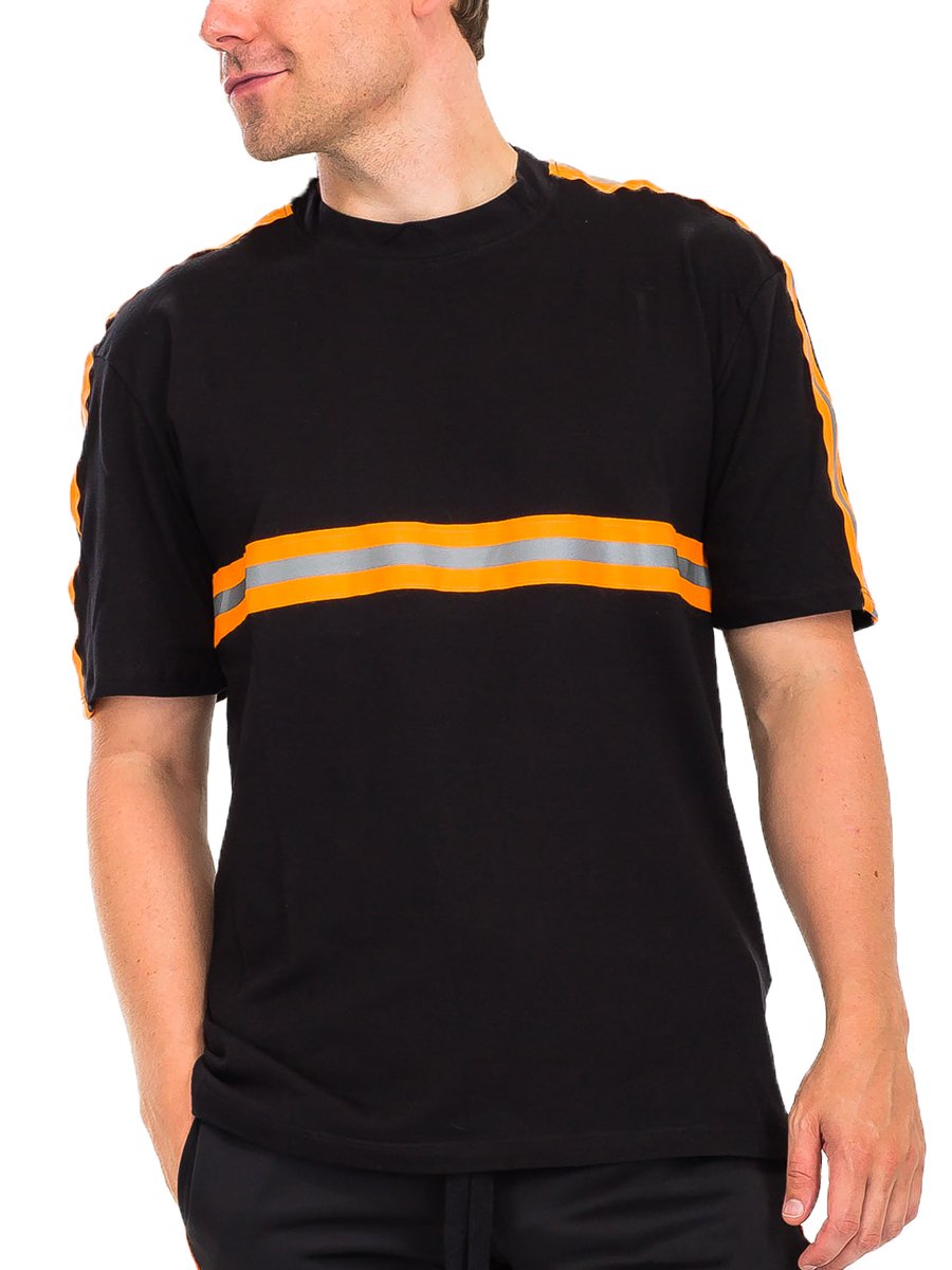 A stylish reflective tape t-shirt featuring reflective strips across the chest and shoulders, made from a comfortable polyester and spandex blend.