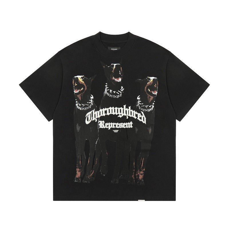 Men's REPRESENT Trendy Doberman Short Sleeve T-shirt in apricot and black, featuring a cartoon pattern and loose fit, perfect for summer wear.