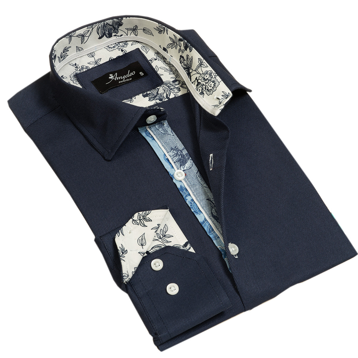 Rich Navy Blue Men's Slim Fit Designer Dress Shirt made from luxury cotton, featuring a spread collar and designer cuff.