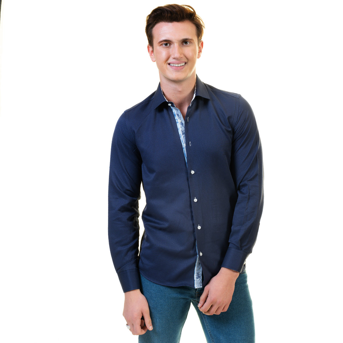 Rich Navy Blue Men's Slim Fit Designer Dress Shirt made from luxury cotton, featuring a spread collar and designer cuff.