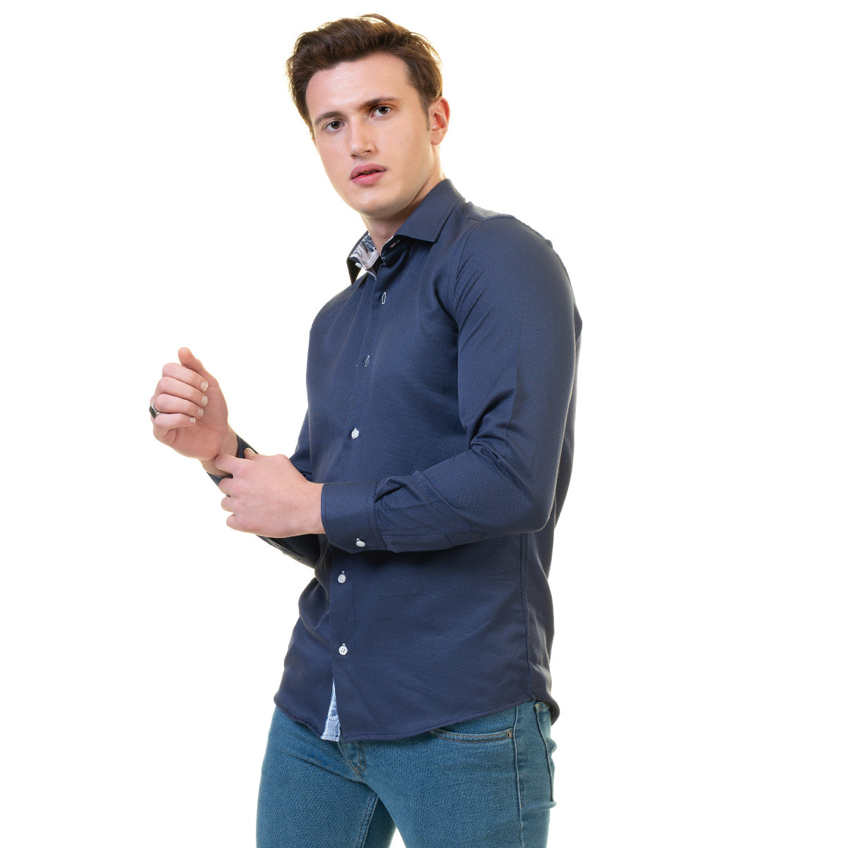 Rich Navy Blue Men's Slim Fit Designer Dress Shirt made from luxury cotton, featuring a spread collar and designer cuff.