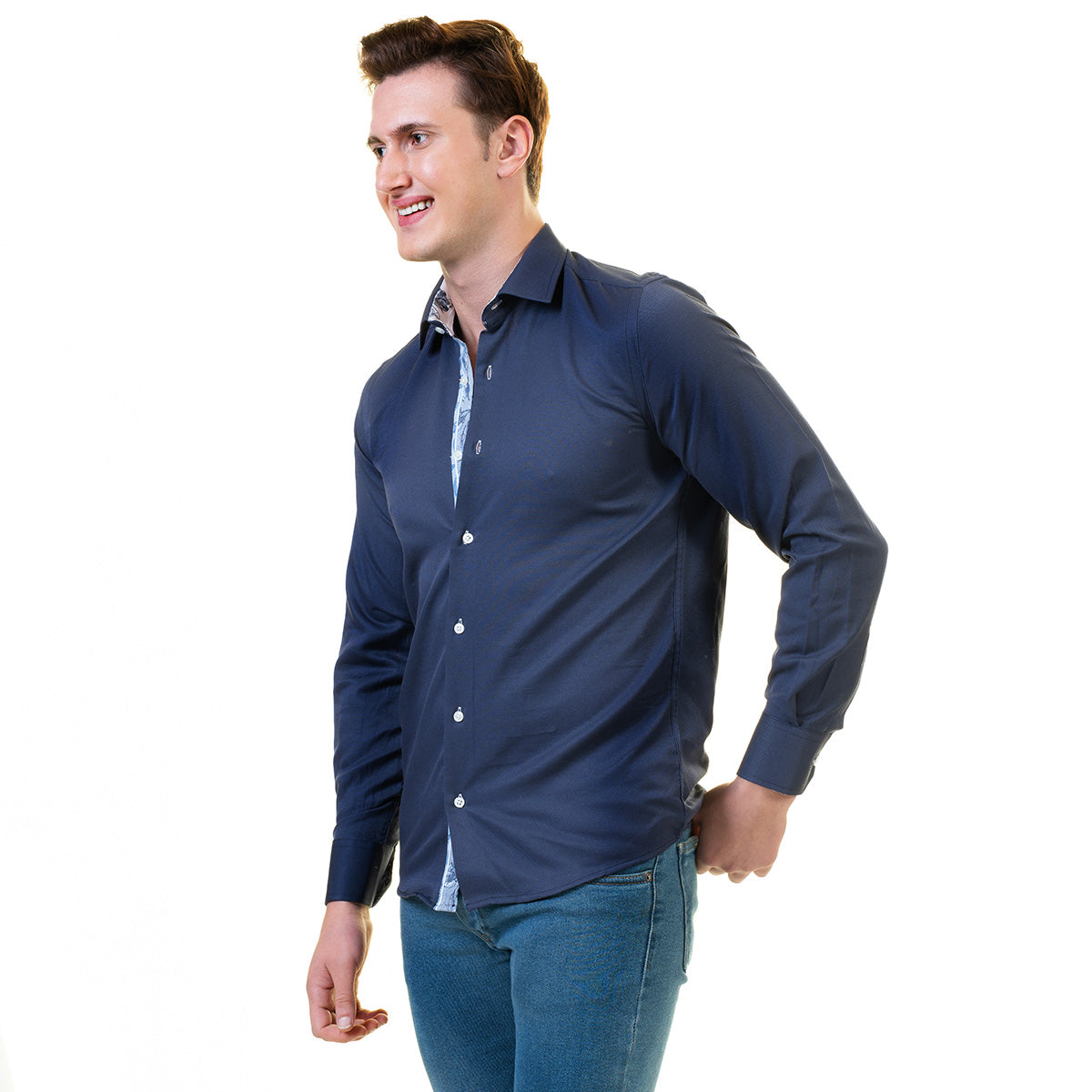 Rich Navy Blue Men's Slim Fit Designer Dress Shirt made from luxury cotton, featuring a spread collar and designer cuff.