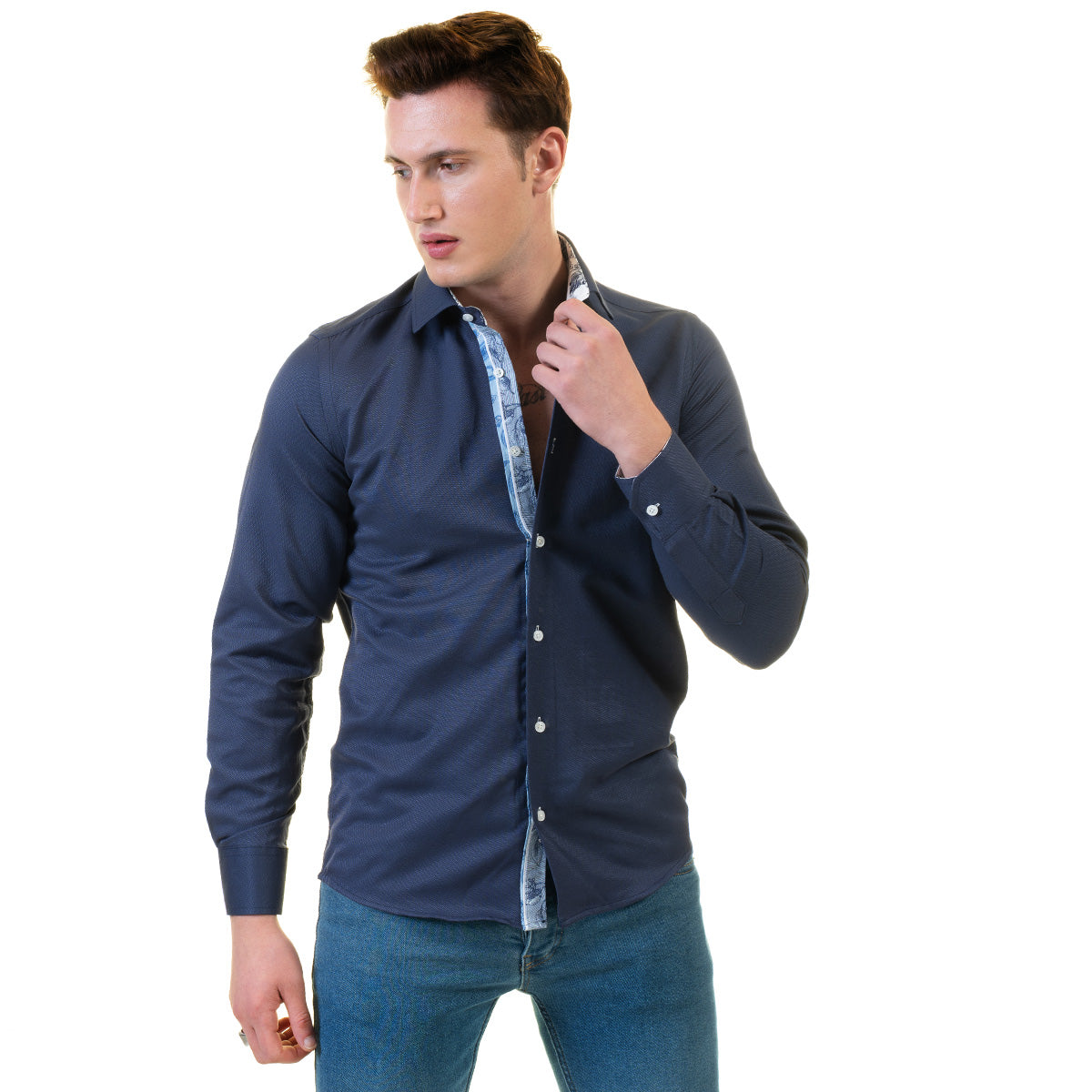 Rich Navy Blue Men's Slim Fit Designer Dress Shirt made from luxury cotton, featuring a spread collar and designer cuff.