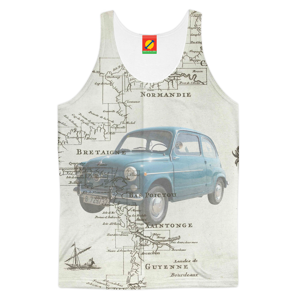 ROAD TRIP Men's All Over Print Tank Top featuring vibrant colors and a high-resolution sublimation print, perfect for summer wear.