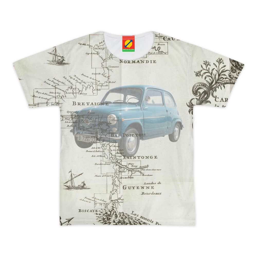 ROAD TRIP Men's All Over Print Tee featuring vibrant colors and a classic round neck design, made from 100% cotton.