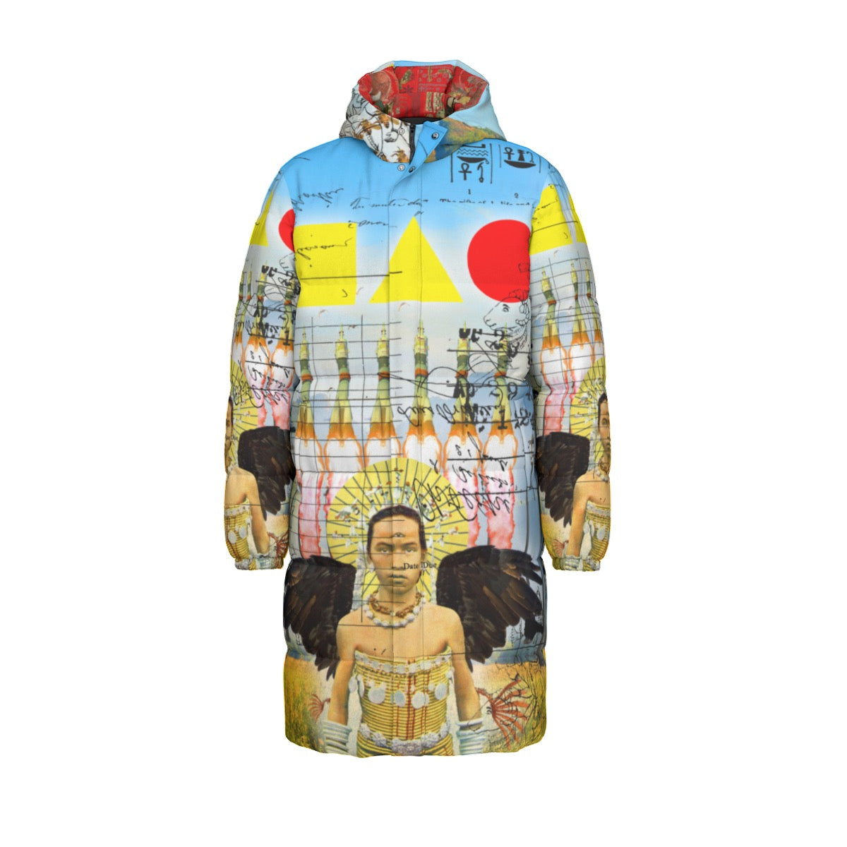 ROCKET GIRL II All-Over Print Unisex Long Down Jacket featuring vibrant collage print, double zipper, and side pockets.